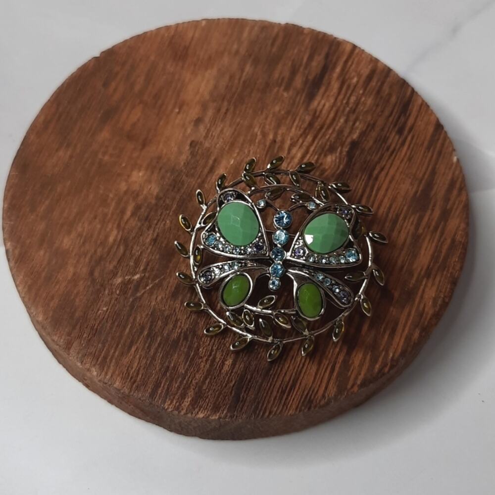 Round Butterfly Brooch Pin Green Blue Embellished